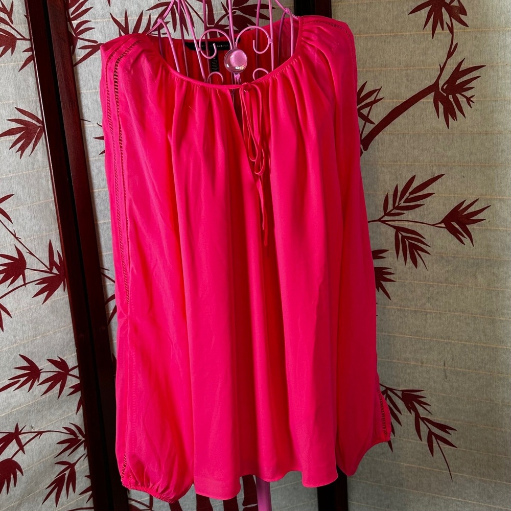White House Black‎ Market Sari Pink Ladder Trim V-Neck Tie Sheer Blouse 12 NWT